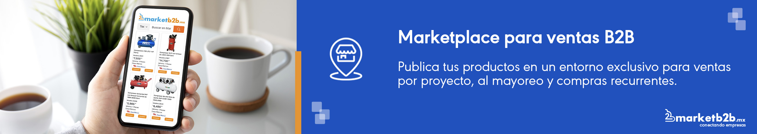 Mano sosteniendo un celular con la pantalla de marketb2b 