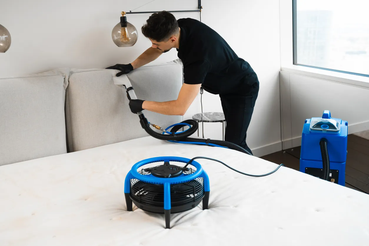 El limpiador lava los cojines del sofá con un extractor y seca el cabecero tapizado suave de la cama.