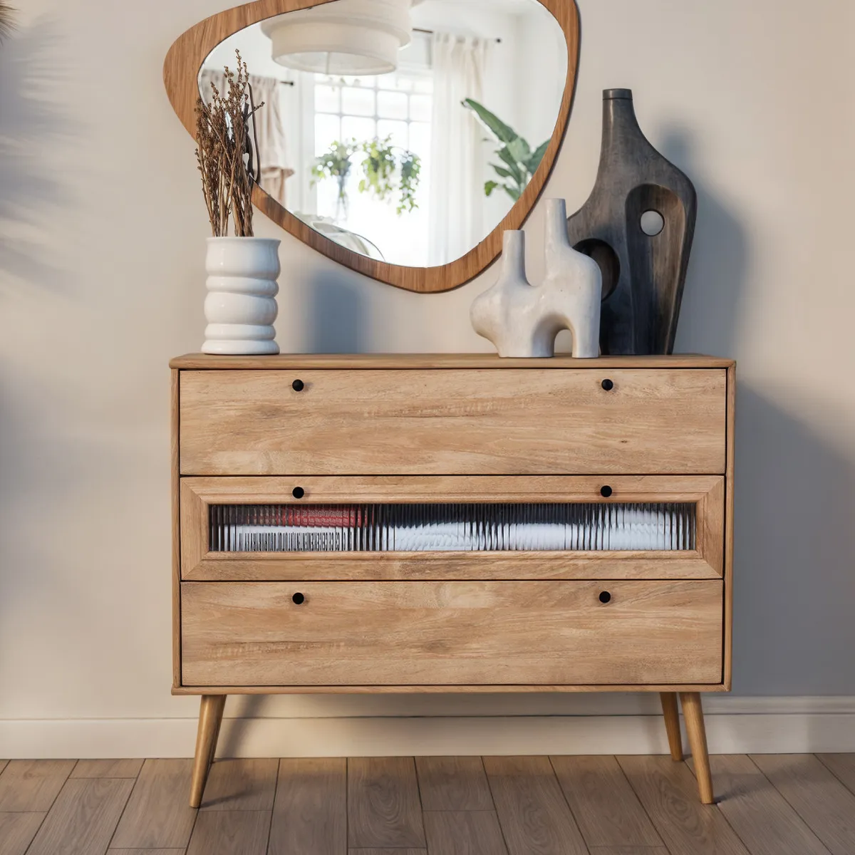 Cajonera Moderna de Madera Clara con Vidrio Estriado vista frontal 