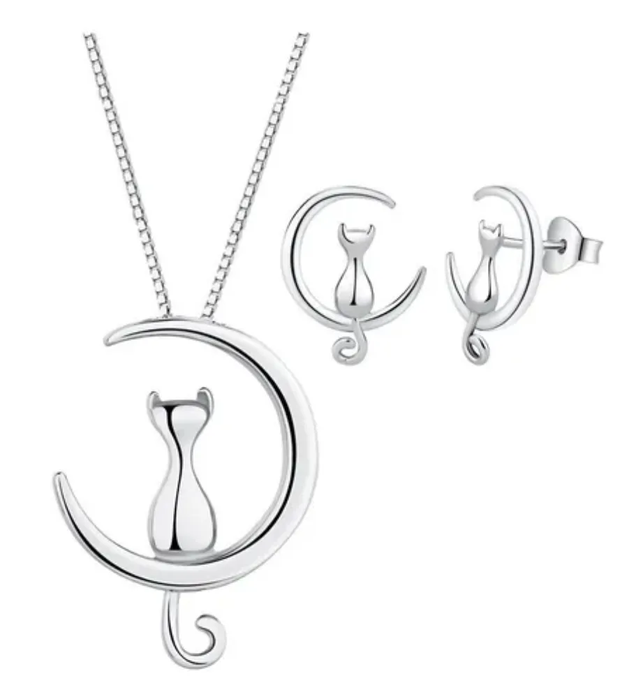 Collar Mujer Plata S925 Luna Gato con Aretes | Venta al por Mayor en Truma