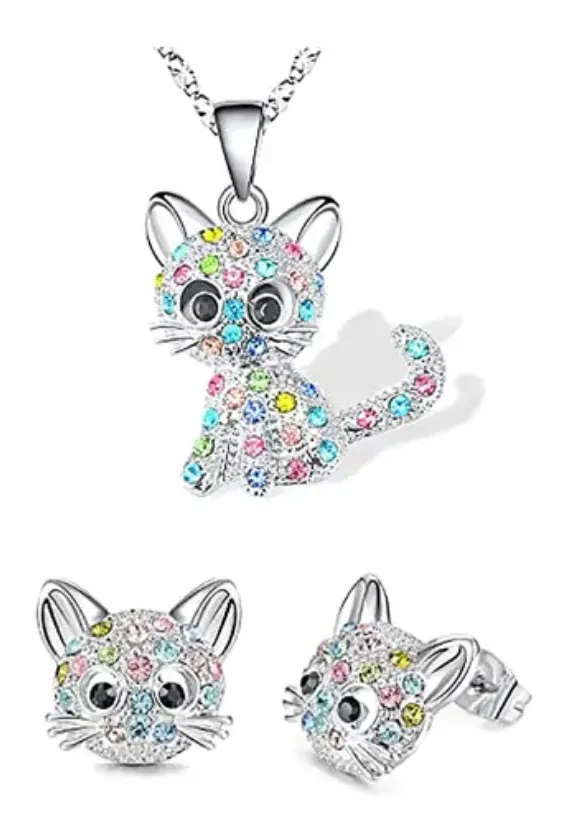 3pzs Regalo Niñas Gato Collar Pendientes Conjunto Joyas Hija - Venta al por Mayor
