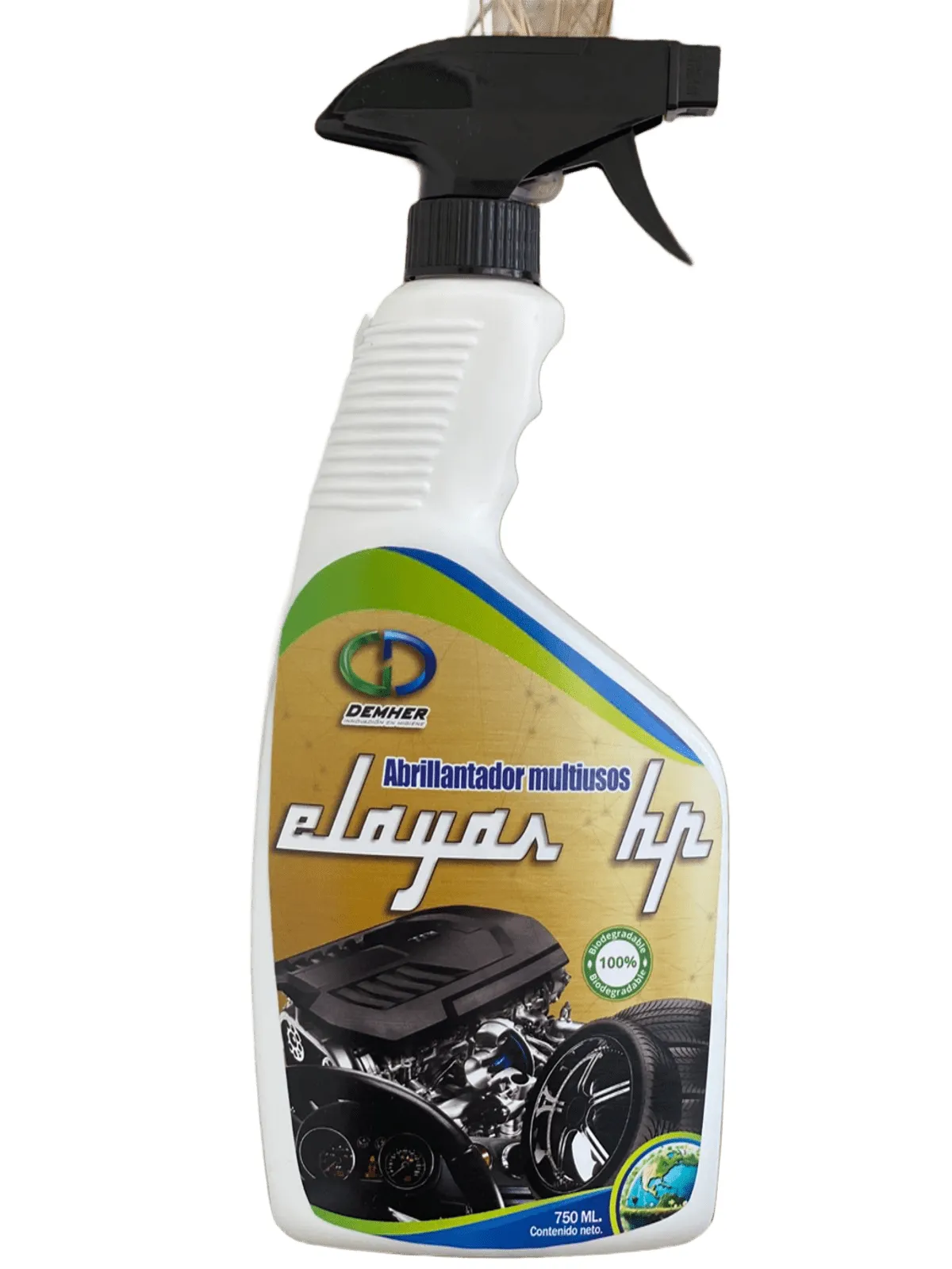 ELAYAS HP Abrillantador de Motor y Llantas Se muestra botella de 750 ml con aspersor