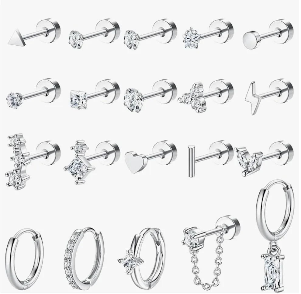 Aretes de Acero Inoxidable Hipoalergénicos | Paquete de 25 para Piercing y Cartílago - Oro y Plata