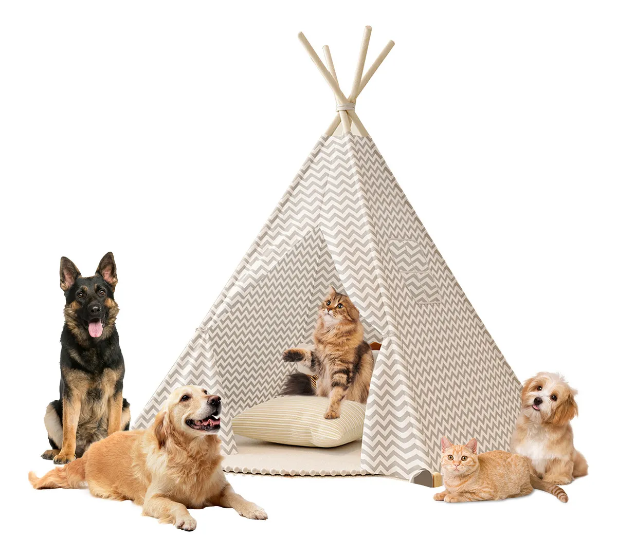 Casita Teepee para Mascotas con Colchoneta Rayas Onduladas - Venta al Mayoreo PLMUYY vista frontal 