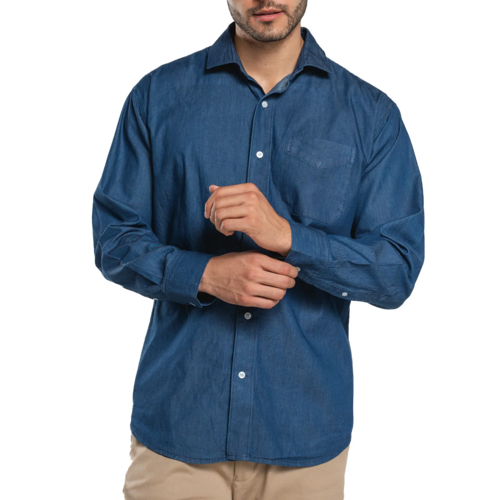 Camisa AirMan Navi Denim Caballero al Mayoreo vista frontal 