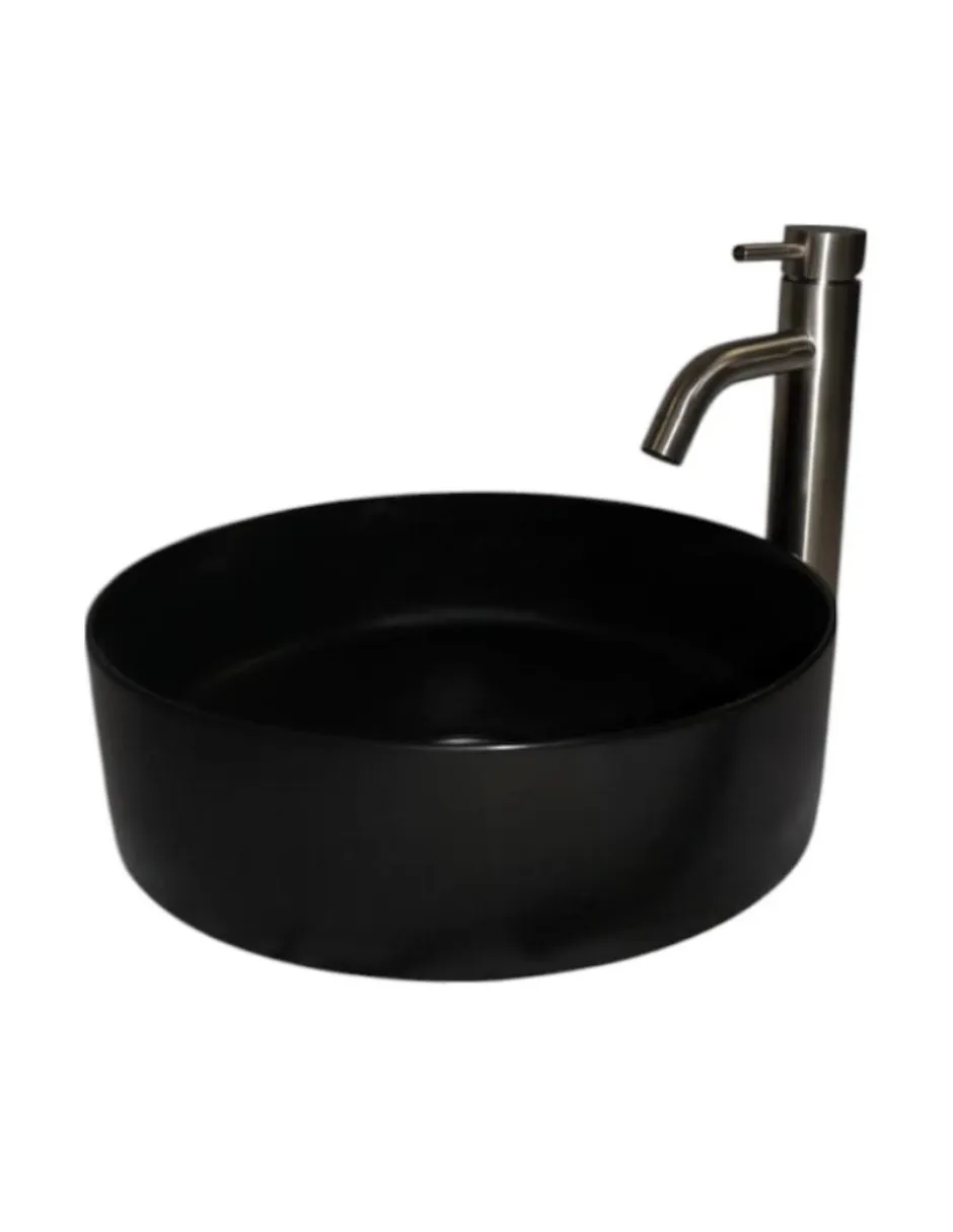 KIT AMAIA SATINADO - Lavabo Cerámica Negro Mate 35x35x11.5 con Monomando al Mayoreo vista frontal 