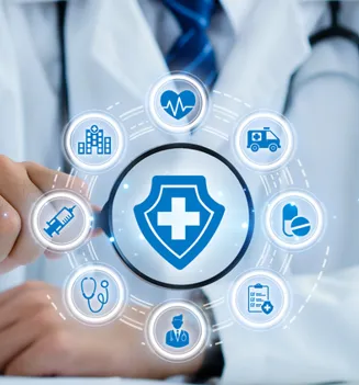 Al frente una serie de simbolos que representan los servicios médicos y al fondo un médico con su bata blanca tradicional