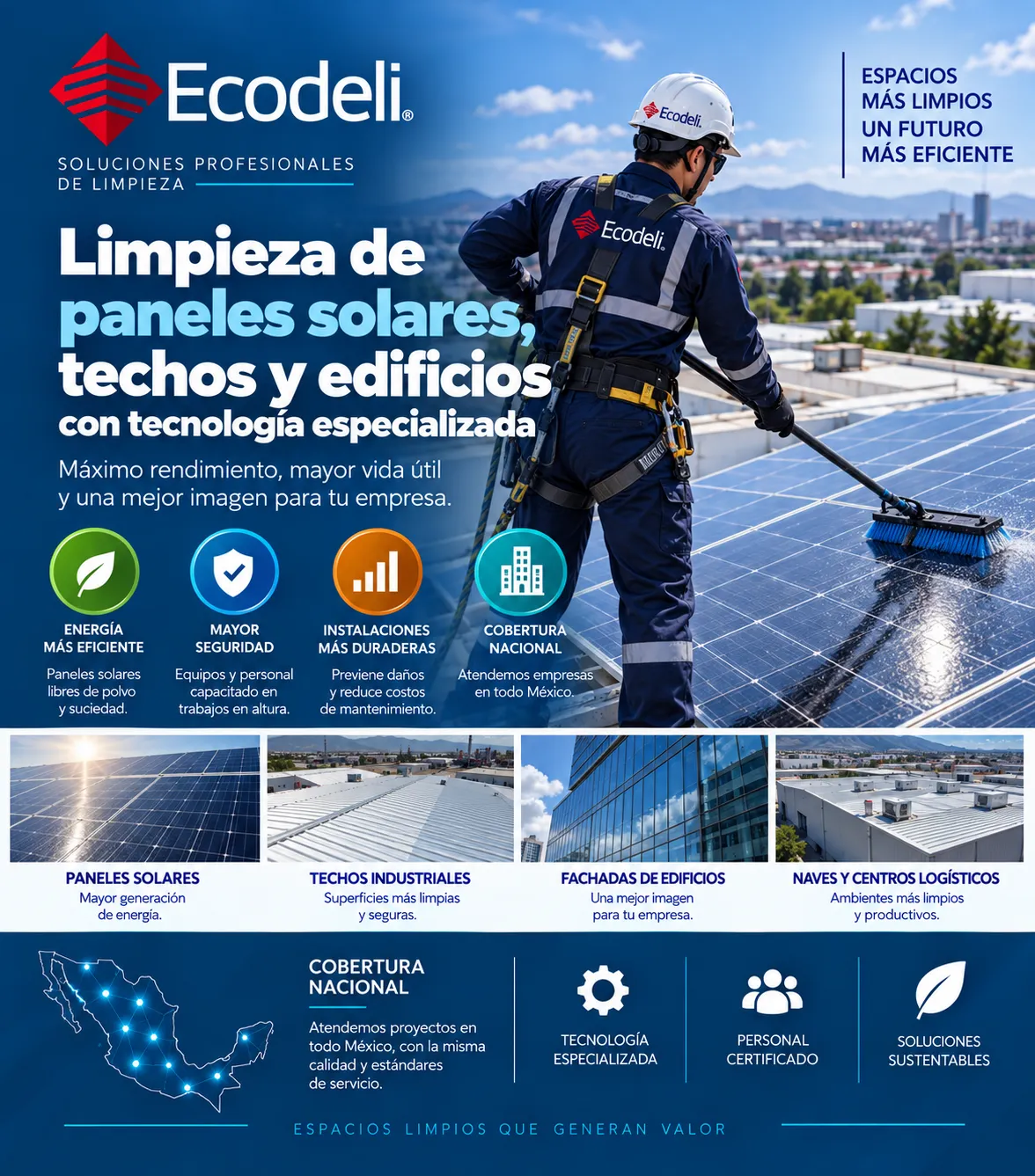 Limpieza de paneles solares, techos y edificios con tecnología especializada