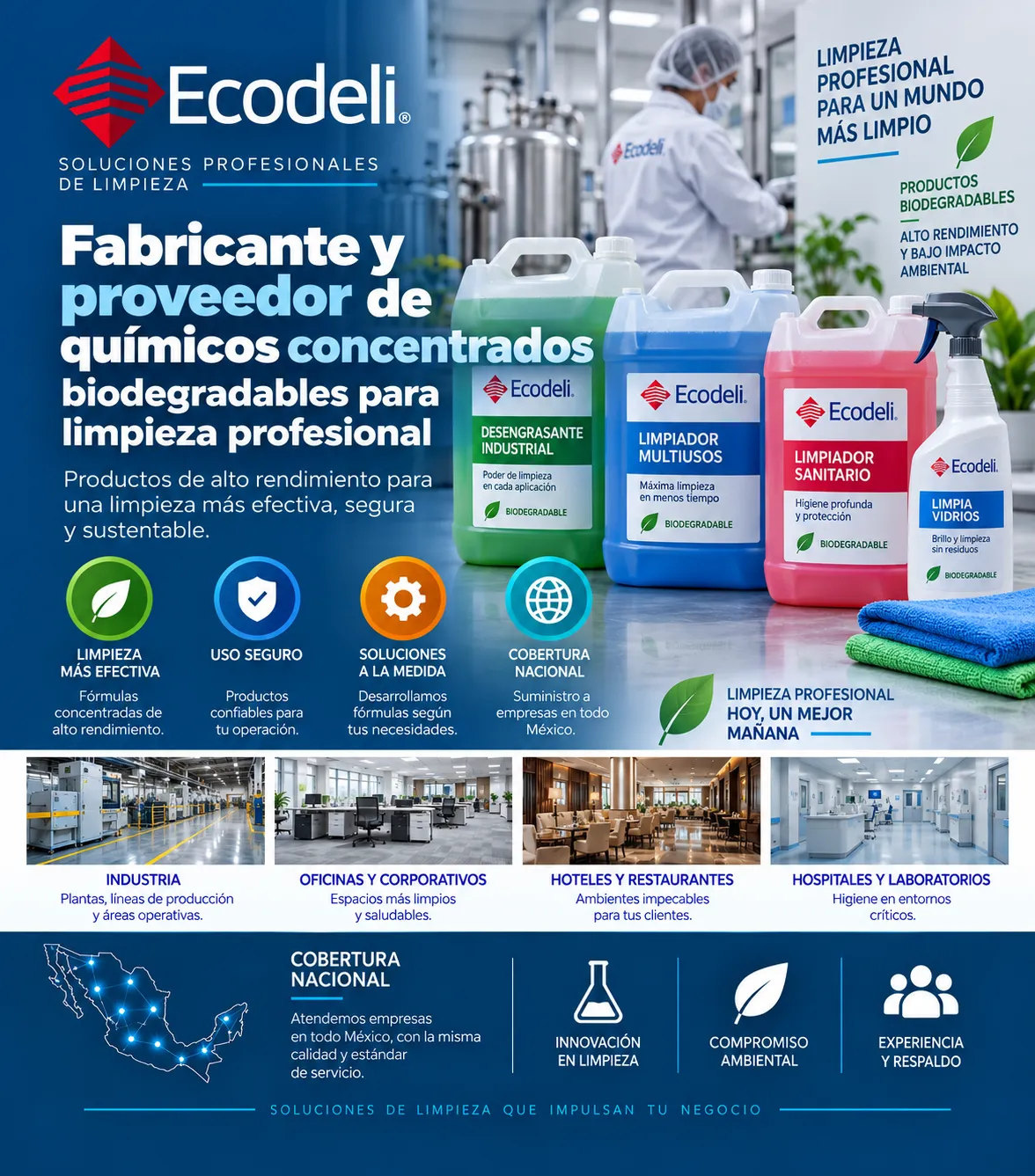 Fabricante y proveedor de químicos concentrados biodegradables para limpieza profesional