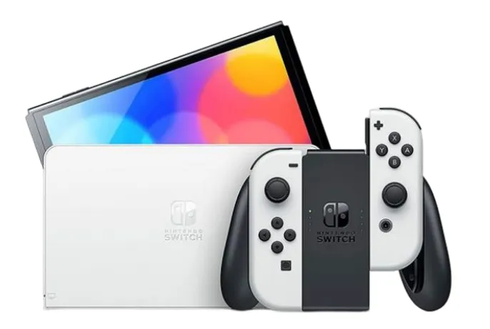 Nintendo Switch OLED 64GB Blanco JP vista frontal y posteerior y vista del control