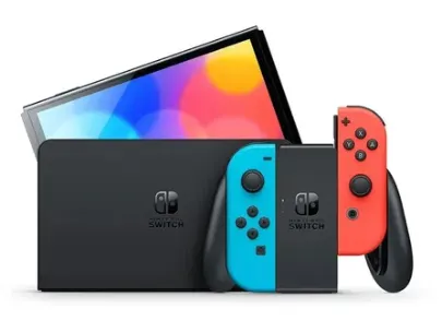 Nintendo Switch OLED 64GB NEON JP visita frontal y posterior y control