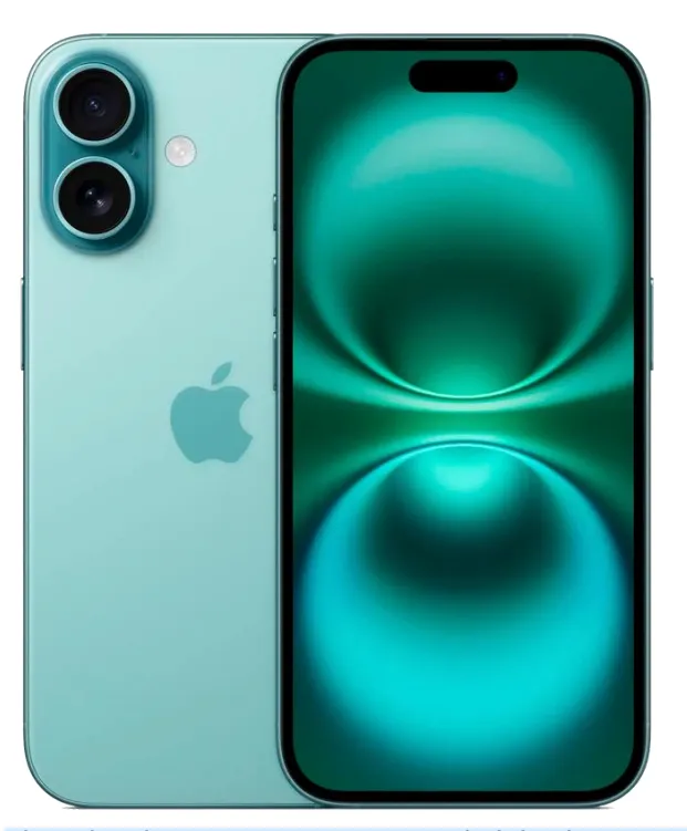 Iphone 16 128 GB color teal vista frontal y posterior