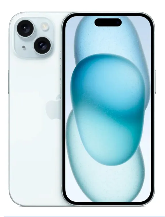 Iphone 15 128 GB color azul vista frontal y posterior