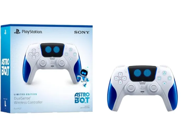 Control PS5 Dual Sense ASTRO BOT vista frontal y caja de empaque