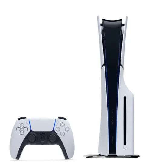 Consola PlayStation 5 Slim Disc 1T vista frontal de la consola y el control blancos