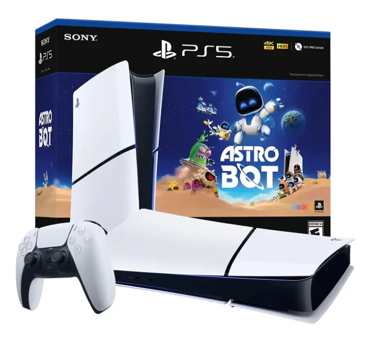 Consola PlayStation Slim PS5 Astro Bot Digital 1TB  VISTAR frontal de consola, control y caja de empaque