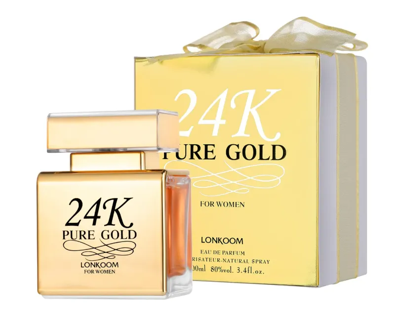 Perfume de Mujer Lonkoom 24K Golden 100 ml  vista frontal con su caja.
