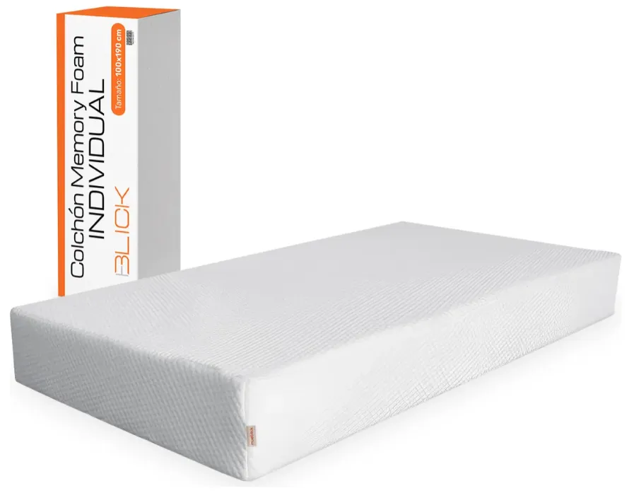 Colchón Individual Memory Foam Blick 100x190 vista completa del colchon y caja de empaque al fondo