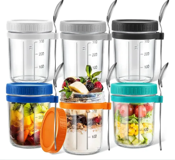 Recipientes de Vidrio 6 Pack - Tarros con Tapa Hermética y Cuchara 350ML